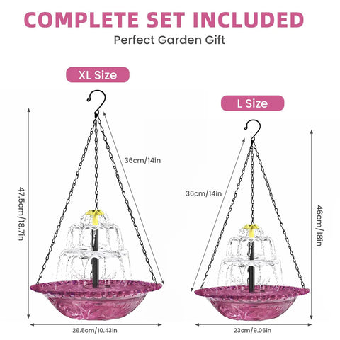 Sun Powered Bird Bath Fountain With Hanging Cascade For Outdoor Garden Decor in Purple, XL and L Sizes Comparison
