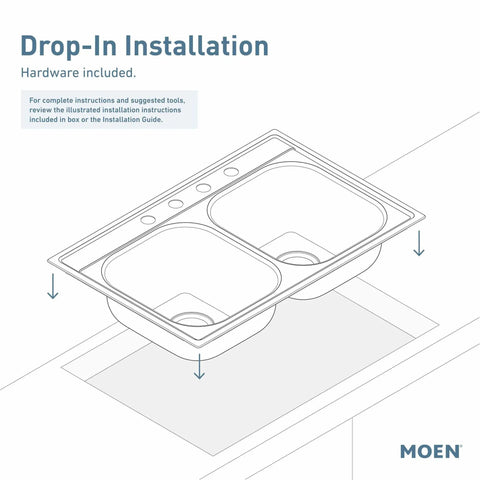 2000 Series 25 Inch 20 Gauge Drop In Stainless Steel Kitchen Sink With Rear Drain Quick Mount Noise Shield illustration