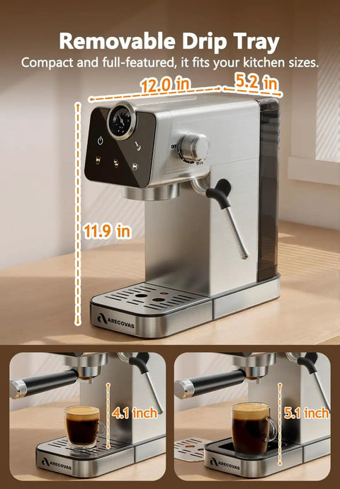 Espresso Machine With Milk Frother For Home Use 20 Bar Pressure Compact Stainless Steel Coffee Maker With Touch Screen