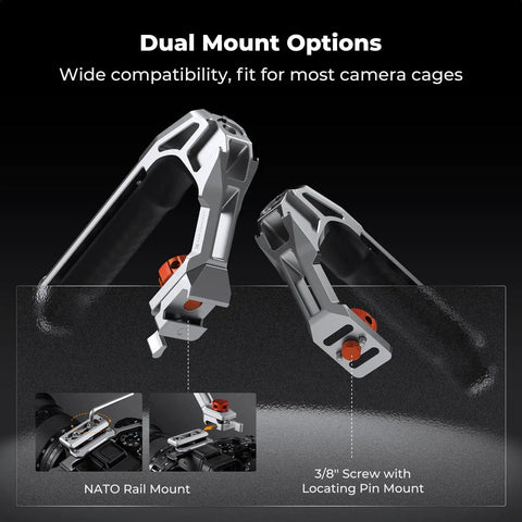 Dual Mount Camera Top Handle with NATO clamp and ARRI locating pins showing dual mounting options and ergonomic grip.
