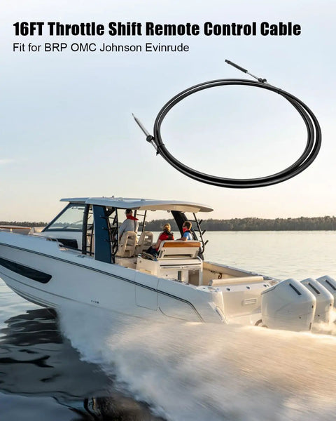Boat on water with 16Ft Throttle And Shift Control Cable Replacement 0173116 Fits BRP OMC Johnson Evinrude Outboard Engines