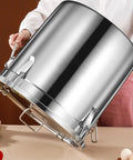 Heavyweight 304 Stainless Steel Food Storage Containers With Airtight Lids shown being handled, perfect for rice, flour, and coffee.