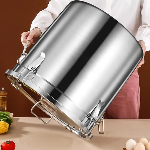 Heavyweight 304 Stainless Steel Food Storage Containers With Airtight Lids shown being handled, perfect for rice, flour, and coffee.