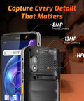 Q900 Android 14 Handheld Barcode Scanner front and back view showing cameras and NFC feature in warehouse setting