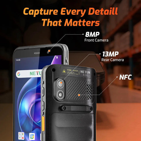 Q900 Android 14 Handheld Barcode Scanner front and back view showing cameras and NFC feature in warehouse setting