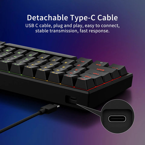 Detachable Type-C cable connection on Compact 60 Percent Wired Mechanical Gaming Keyboard With 68 Keys And Separate Arrow Layout.