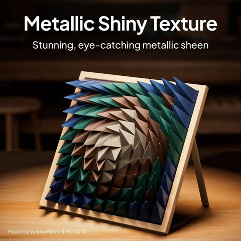 Wall art showcasing a 3D geometric design with metallic shine on a wooden frame, perfect for artists using Metallic Bronze 1.75mm PLA Filament.