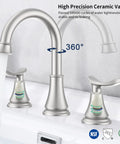 2-Handle 8 Inch Widespread Bathroom Sink Faucet With Brushed Nickel Finish, 360 Degree Swivel Spout, water flow shown