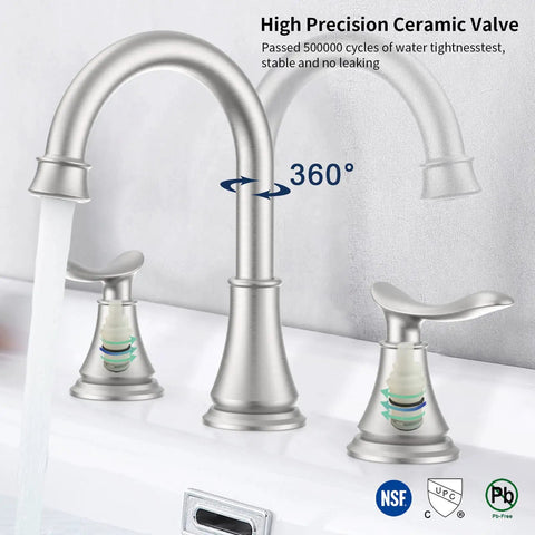 2-Handle 8 Inch Widespread Bathroom Sink Faucet With Brushed Nickel Finish, 360 Degree Swivel Spout, water flow shown