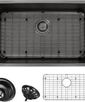 Deep Undermount Stainless Steel Kitchen Sink 29.5 X 18 X 9 Black PVD Nano Finish Single Bowl With Grid And Drain Assembly