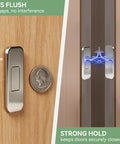 Heavy Duty Magnetic Cabinet Door Catch For Cabinets And Drawers, side view with strong magnetic hold, stainless steel on wood