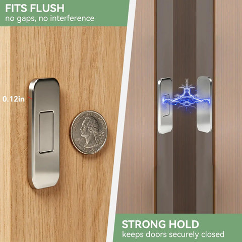 Heavy Duty Magnetic Cabinet Door Catch For Cabinets And Drawers, side view with strong magnetic hold, stainless steel on wood