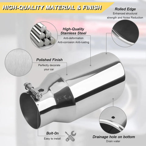 3 Inch Inlet Exhaust Tip For 3 Inch Tailpipe OD, 4 And A Half Inch Outlet, 9 Inch Overall Length, Stainless Steel Bolt On Tail Pipe