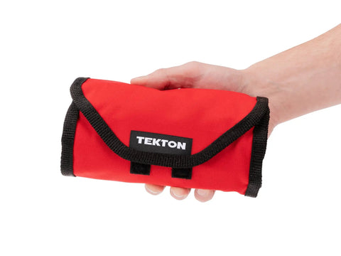 Mini Pliers Set With Roll Case 8 Piece Precision Pliers Kit in red case held in hand, closed, compact view.