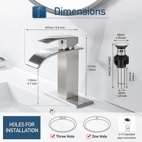 Black Bathroom Faucet Waterfall Style Single Handle With Easy Install Pop Up Drain For One Hole Or Three Hole Sinks, dimensions shown