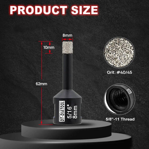 DT-DIATOOL diamond core drill bits set (3 pcs) 6/8/10 mm with 5/8-11 thread, shown on black holder