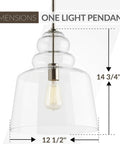 Agatha One Light Pendant In Brushed Nickel with glass shade, dimensions 14 3/4" height and 12 1/2" width, modern fixture