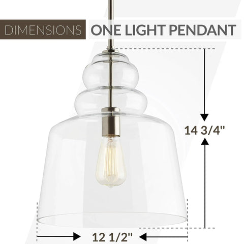 Agatha One Light Pendant In Brushed Nickel with glass shade, dimensions 14 3/4" height and 12 1/2" width, modern fixture