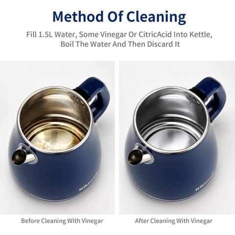 Stainless Steel Electric Kettle 1.8 Liter with Double Wall and Cool Touch Exterior Auto Shut Off and Boil Dry Protection shown before and after vinegar cleaning.
