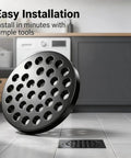 Solid 4.5 Inch Cast Iron Floor Drain Cover Round Heavy Duty Drain Strainer For Bathrooms And Patios Bombproof Grime Guard shown in a kitchen.