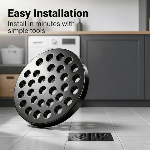 Solid 4.5 Inch Cast Iron Floor Drain Cover Round Heavy Duty Drain Strainer For Bathrooms And Patios Bombproof Grime Guard shown in a kitchen.