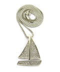 Iced Out Sailing Yacht Pendant Necklace With 24 Inch Chains In Silver Tone, Choose 2mm Box Chain, 3mm Cuban Chain, Or 2mm Rope Chain, 1.25 By 1.65 Inch Pendant, Imitation Silver Plated Fashion Jewelry
