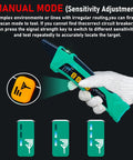 A hand holding a Digital Circuit Breaker Finder With NCV Tester, Built-In Flashlight, Voltage Tester, And Integrated GFCI Outlet Tester For Fast, No-Fuss Breaker Location On The Job Site Model XT-33A, demonstrating manual mode use.