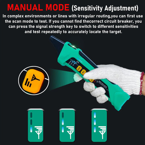 A hand holding a Digital Circuit Breaker Finder With NCV Tester, Built-In Flashlight, Voltage Tester, And Integrated GFCI Outlet Tester For Fast, No-Fuss Breaker Location On The Job Site Model XT-33A, demonstrating manual mode use.