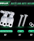 Heavy Duty Galvanized Steel Gate Hinge For One And Five Eighths Inch Chain Link Fence Gate Includes Bolts And Nuts Durable Fence Hardware For Secure Long Lasting Performance Easy To Install Ideal For Outdoor Gates 2 Pack showing two metal hinges, bolts, and nuts.