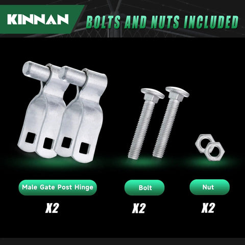 Heavy Duty Galvanized Steel Gate Hinge For One And Five Eighths Inch Chain Link Fence Gate Includes Bolts And Nuts Durable Fence Hardware For Secure Long Lasting Performance Easy To Install Ideal For Outdoor Gates 2 Pack showing two metal hinges, bolts, and nuts.