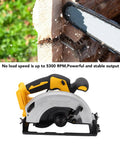 Kickass Cordless Circular Saw With Brushless Motor And 5300 Rpm Speed cutting through wood, showcasing depth adjustment and clean cuts.