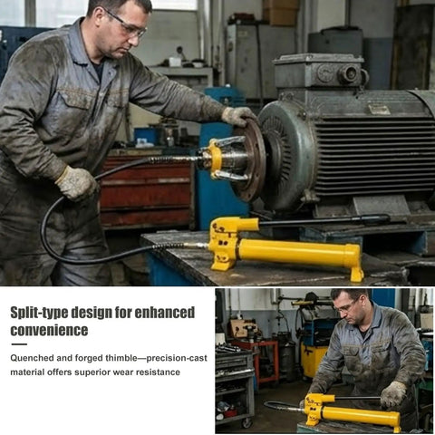 Hella Durable Hydraulic Gear Puller Set With Hand Pump 50 Ton in use for extracting a pulley from machinery.