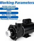 Heavy Duty 4HP Single Speed Spa Pump 220 240V Hot Tub Motor 214 GPM High Flow Quiet Smooth And Reliable For Chillin Vibes And Jet Action 56 Frame showing working parameters and specifications.