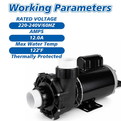 Heavy Duty 4HP Single Speed Spa Pump 220 240V Hot Tub Motor 214 GPM High Flow Quiet Smooth And Reliable For Chillin Vibes And Jet Action 56 Frame showing working parameters and specifications.