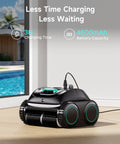 Cordless Robotic Pool Vac charging indoors, forest green and black, with smart navigation, 3H charging time, near pool view.