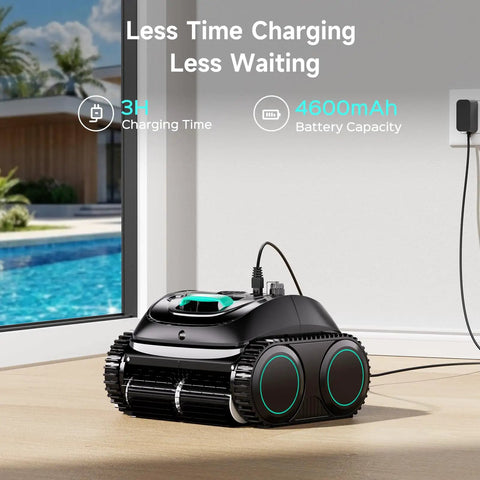 Cordless Robotic Pool Vac charging indoors, forest green and black, with smart navigation, 3H charging time, near pool view.