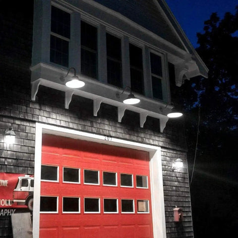 Two Pack 14 Inch Barn Light Outdoor Dusk To Dawn With Photocell, 42W 4200LM 5000K Farmhouse Porch And Doorway Lighting installed above red garage