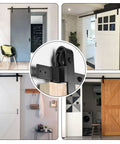 No Fuss 6.6 Foot Sliding Barn Wood Door Hardware Kit with Premium Carbon Steel Track System displayed in various home settings