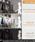 Diagram of Motion Sensor LED Strip Lights With Rechargeable Battery And USB Removable Control Box Auto On Up To 10 Feet In The Dark Auto Off After 20 Seconds 60 LEDs 6.56 Feet 2 Pack 6000K White Battery Powered Closet Pantry Cabinet Night Light in auto mode with illustrations of its features in a closet setting.