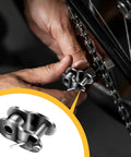 Hands installing 15 Piece 420 Chain Half Link Set With Offset Crank Links Durable Manganese Steel Beefy Build Heavy Duty Roller Chain Repair Kit