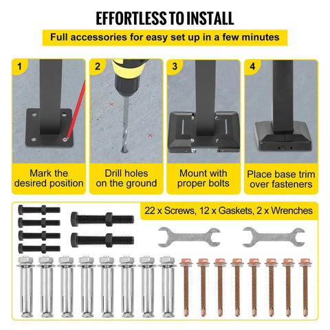 Installation steps and kit for Outdoor Stair Railing For 1 Or 2 Steps Aluminum Handrail For Concrete Or Wood Stairs Black