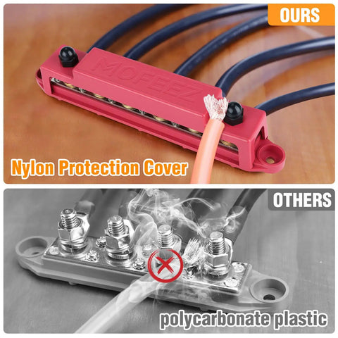 Power Distribution Block Bus Bar Kit With 6 3 By 8 Inch Posts And 10 No. 8 Terminal Screws, red nylon cover vs polycarbonate plastic