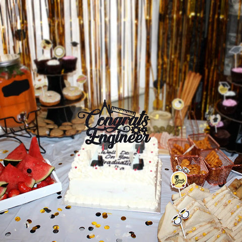 Engineer Graduation Cake Topper For Class Of 2026 on a cake, black glitter cardstock, party table decor