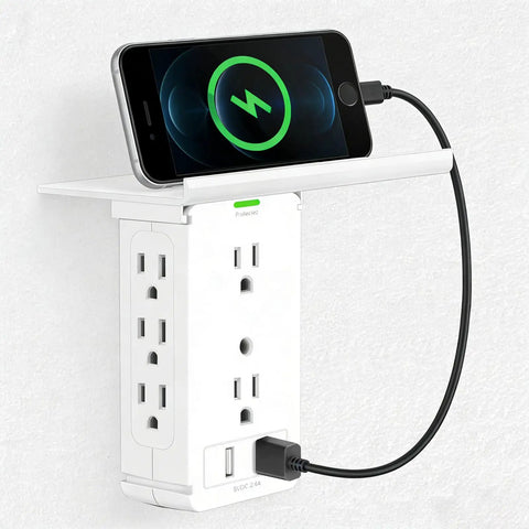 Wall Mounted Power Strip With Shelf For Easy Access 8 AC Outlets And 2 USB Ports Type C And Type A Total 5V 3.4A Output with phone charging