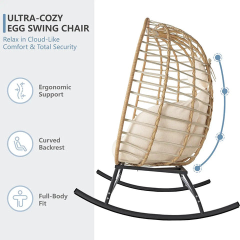 Side view of Double Wicker Egg Chair Rocker For Indoor Or Outdoor Patio Cozy Two Person Lounge Chair With Thick Cushions