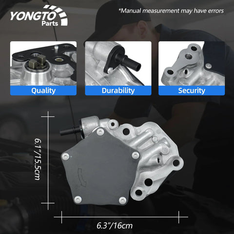 Front view of YongtoParts brake vacuum pump with dark cover and metal housing, 6.3 in long.
