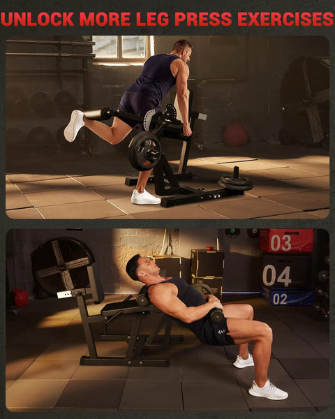 Man using 4-In-1 Leg Press, Extension And Curl Machine for Home Gym with Beefy 700 lbs capacity, adjustable bench, black frame.