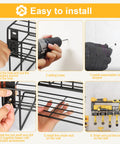 Installation steps for Power Tool Organizer Wall Mount Rack For Garage And Workshop showing drill and rack setup