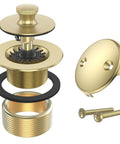 Top Shelf Brushed Gold Bathtub Drain Kit And Overflow Faceplate Built Tough Rust Resistant Metal Fits Standard Pipe Size Zero Hustle Setup Durable Home Bathroom Renovation Must Have, components including drain and overflow parts.