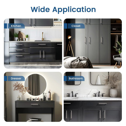 Wide application of 20 Pack Brushed Nickel Dresser Cabinet Pulls in kitchen, closet, dresser, and bathroom settings.